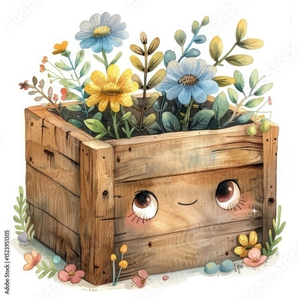 Fototapeta A cute wooden crate with a smiling face, filled with colorful flowers and greenery. The illustration features soft pastel colors and a whimsical style.