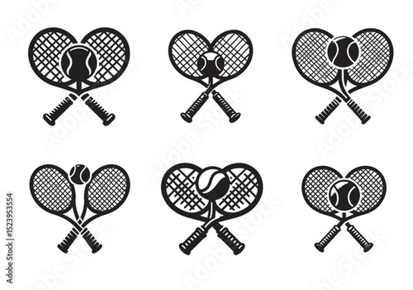Fototapeta Two tennis rackets with a tennis ball in the middle. The rackets are crossed over each other Silhouette Vector Set