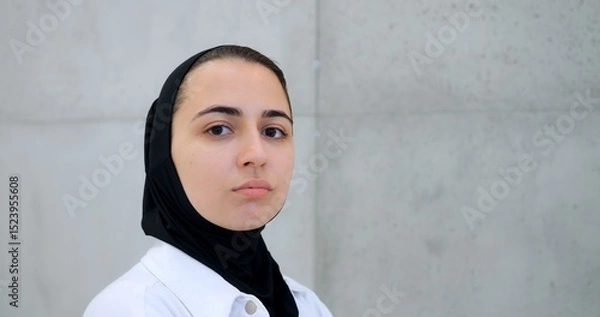 Obraz Professional muslim female healthcare worker wearing hijab and white coat, standing against concrete wall, displaying confident facial expressions while facing camera