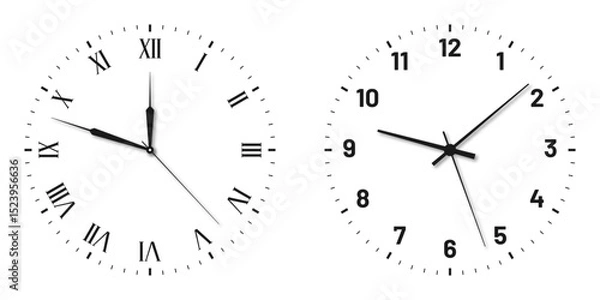Fototapeta Vintage and modern clock faces with Roman numerals and retro hands. Blank clock dial with hours, minutes, and seconds hands. Victorian clock dial with hands. Roman and modern numbers. Vector