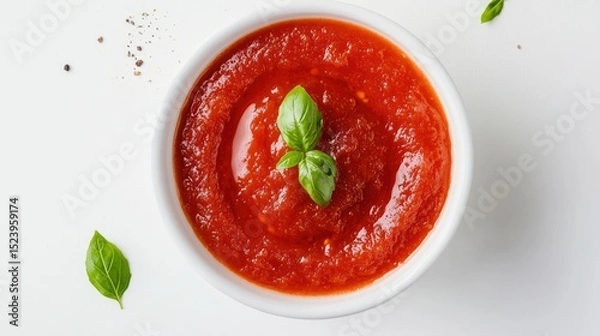 Obraz Overhead view of a circular pool of tomato sauce on white, garnished with a small basil leaf