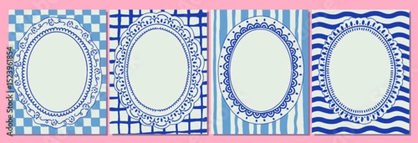 Fototapeta Set of colorful frames with wavy edges. Ornaments, patterns. Doodle, cute retro borders. Design for card, invitation, cover, packaging. La dolce vita style. Sticker. Quote box. Logo. 