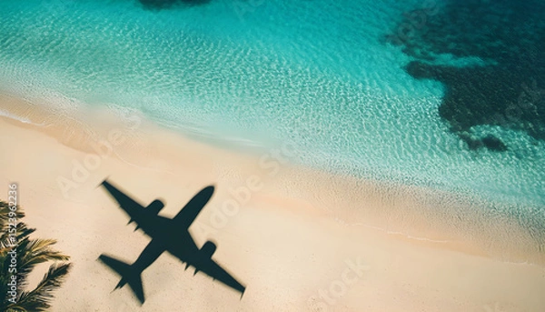Obraz Travel concept. Airplane shadow on a tropical beach. Summer vacation in exotic location banner. Holidays by plane background