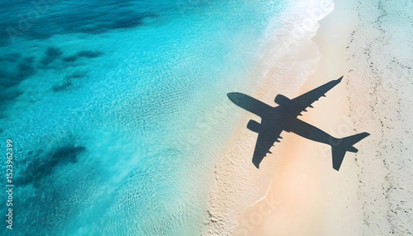 Obraz Travel concept. Airplane shadow on a tropical beach. Summer vacation in exotic location banner. Holidays by plane background