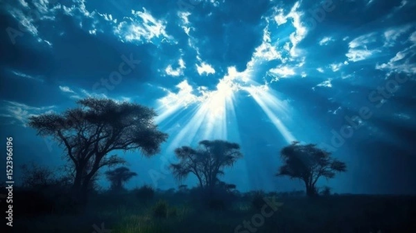 Fototapeta Dramatic sun rays piercing through dark clouds over a savanna