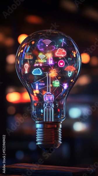 Fototapeta Neon Multicolor Icon Lightbulb Illustration for Technology Innovation Background
