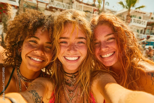 Fototapeta Three smiling women enjoying a sunny beach day with vibrant atmosphere and joyful expressions