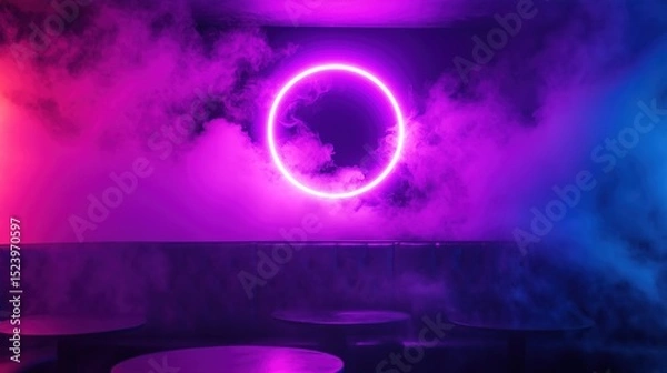 Fototapeta Pink neon circle with purple smoke background for synthwave music or cyberpunk design