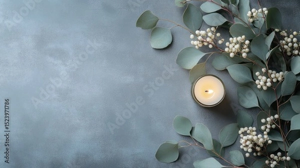 Fototapeta A candle and eucalyptus sprigs on a gray surface