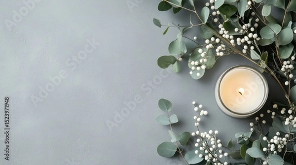 Fototapeta A candle surrounded by eucalyptus