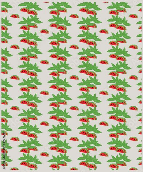Fototapeta Summer sale banner with watermelon. Summer design with watermelon slices and seeds in bright summer colors. seamless knitted pattern with green watermelon fruit. Seamless pattern - fruit