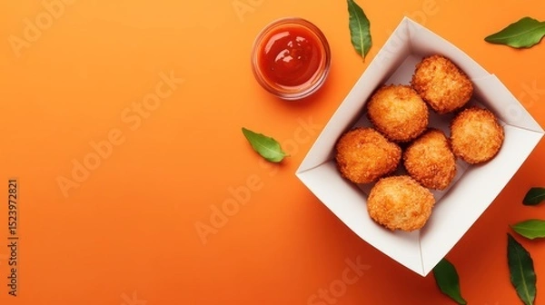 Fototapeta Crispy fried balls in a white paper box, garnished with leaves, on an orange background