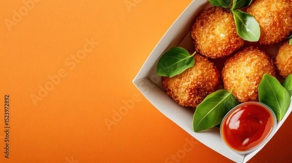 Fototapeta Crispy fried balls in a white cardboard box with a side of ketchup and fresh basil leaves