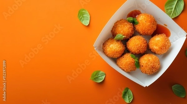Fototapeta Crispy cheese balls in a white box on an orange background