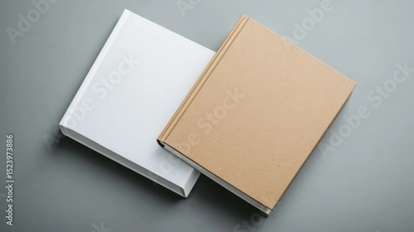 Fototapeta Two blank books, white and kraft, on gray surface