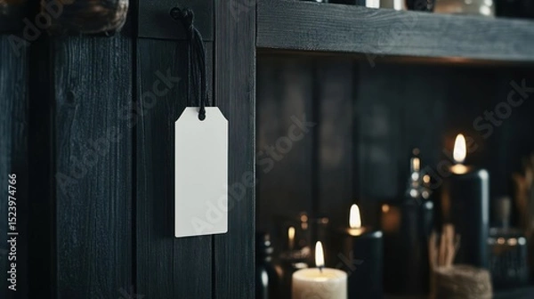Fototapeta Empty white tag hangs on dark wood cabinet.  Candles and bottles are displayed