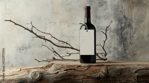 Fototapeta Red wine bottle on rustic wooden slab