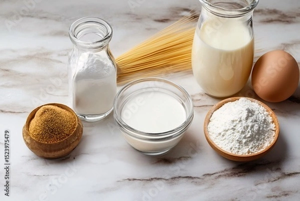 Obraz Baking Ingredients on Marble Surface with Milk, Flour, and Eggs