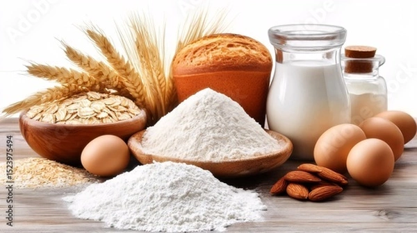 Obraz Bakery Ingredients with Flour, Eggs, and Milk on White Background