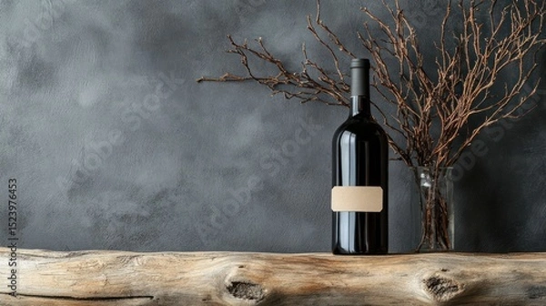 Fototapeta Still life of a wine bottle with dried branches
