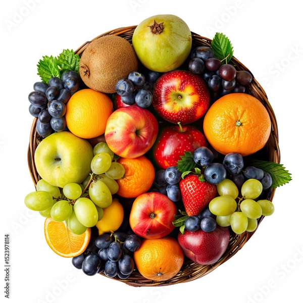 Fototapeta Wicker basket with different fruits on white background, top view with clipping path
