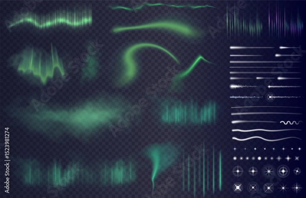 Fototapeta Aurora borealis and stars set on the dark transparent background. Vector night sky effects collection