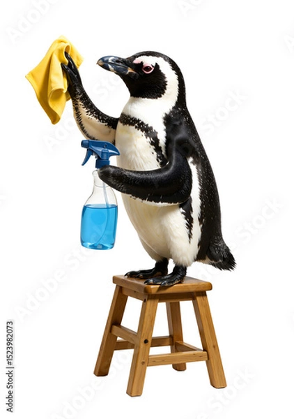 Fototapeta Penguin's Cleaning: A delightful penguin meticulously cleans, employing a spray bottle and cloth with a determined focus, perched atop a wooden stool. Capturing a whimsical scene.