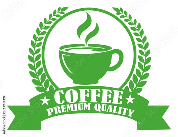 Obraz Green coffee premium quality badge emblem with laurel wreath and cup icon for cafe signage and branding design. Green coffee emblem with cup icon. Premium coffee logo in vintage style