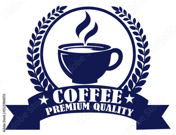 Obraz Blue coffee premium quality logo badge with steaming cup laurel wreath and ribbon banner for cafe branding signage. Vintage label for hot drinks. Coffee symbol with steam art