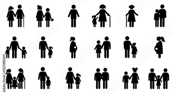 Fototapeta Diverse family icons depicting various relationships and stages of life in black silhouette