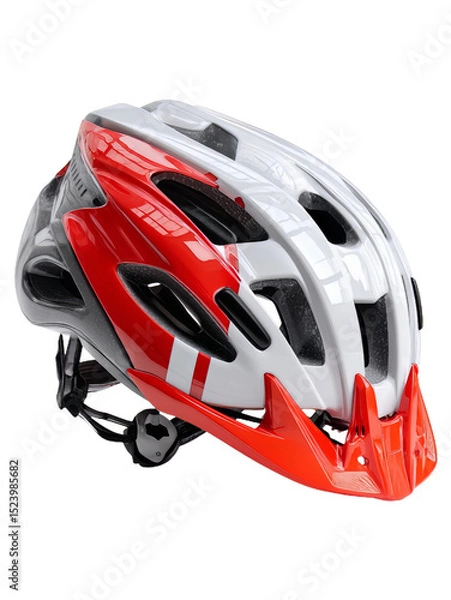 Fototapeta Red and White Bicycle Helmet Isolated on Transparent Background For Cycling Safety