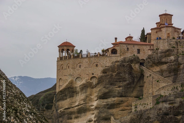 Obraz Detail view of landscape of the famous rock formations of Meteora with Varlaam Monastery on top of the rocks, Kalambaka, Thessaly, Greece