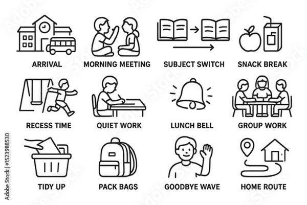 Fototapeta School day routine icons: arrival, meeting, study, snack, recess, work, goodbye