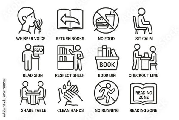 Fototapeta Library etiquette signs conveying quietness, cleanliness, and orderly behavior