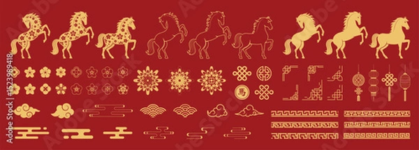 Fototapeta Chinese New Year 2026 icon set. Includes lanterns, horse, clouds, flowers, and traditional decorative elements.