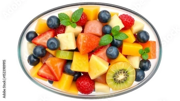 Fototapeta Bunter Obstsalat mit Erdbeeren, Kiwi, Blaubeeren, Melone und Minze in einer Glasschale, von oben fotografiert, isoliert auf weißem Hintergrund.