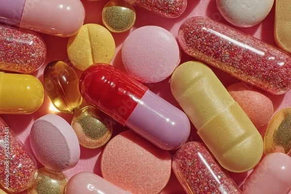 Obraz Assortment of Pastel Colored Pills and Capsules on Pink Background 