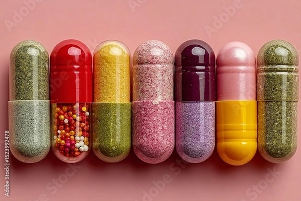 Obraz Assortment of Pastel Colored Pills and Capsules on Pink Background 
