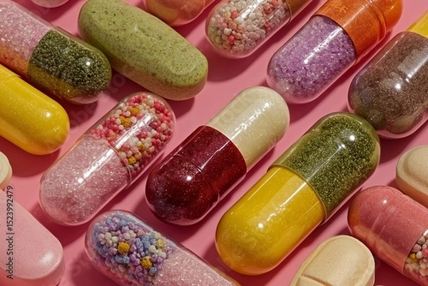 Obraz Assortment of Pastel Colored Pills and Capsules on Pink Background 