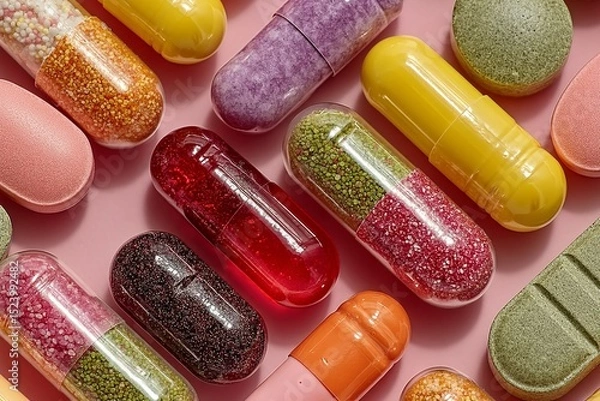 Obraz Assortment of Pastel Colored Pills and Capsules on Pink Background