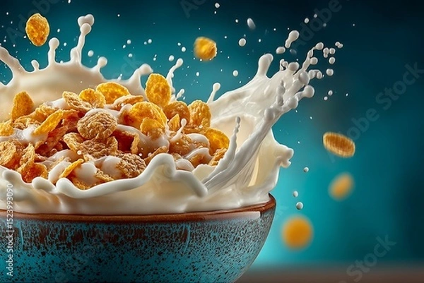 Obraz Milk Splashing in Bowl of Cereal on Blue Background 