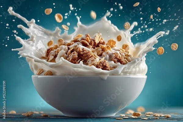 Obraz Milk Splashing in Bowl of Cereal on Blue Background 