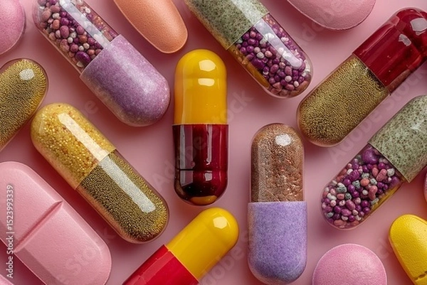 Obraz Assortment of Pastel Colored Pills and Capsules on Pink Background