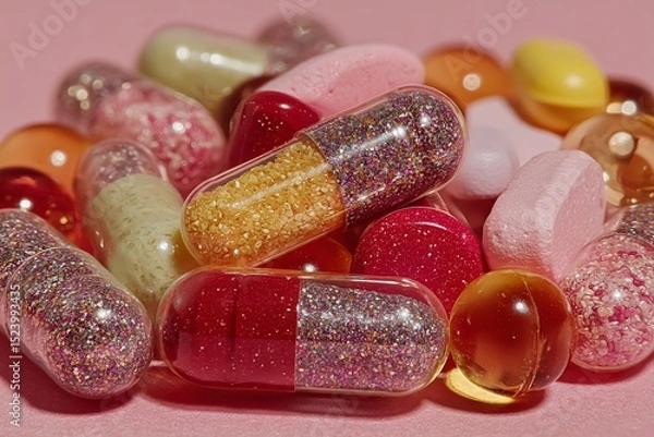 Obraz Assortment of Pastel Colored Pills and Capsules on Pink Background 