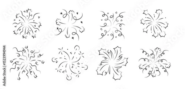 Fototapeta Firework to celebrate New Year line icon. Firecracker and star explosion for happy anniversary party. Birthday confetti congratulation element with boom effect. Doodle carnival burst decoration set.