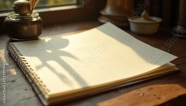 Fototapeta Notepad and Inkwell on Wooden Table with Warm Light