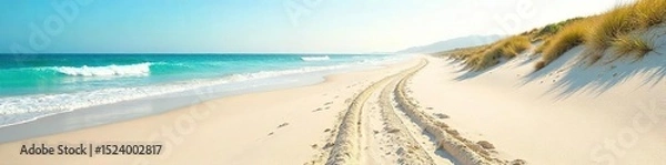 Fototapeta Tire tracks leading to a pristine beach, undisturbed sand, ocean waves, tranquil scene, summer vacation, coastal escape , beach, footprints