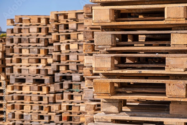 Fototapeta A large number of wooden pallets neatly stacked in an outdoor storage area. Used in logistics, shipping and warehousing industries.