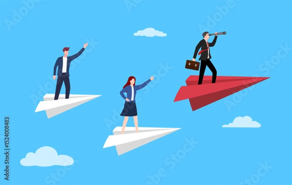 Obraz businessman flying on a paper airplane and looking through a telescope, business people flying on paper planes