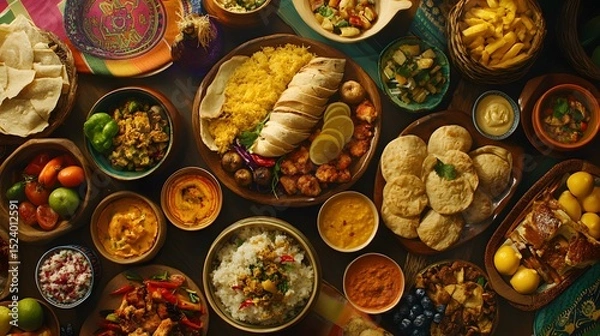 Fototapeta An overhead flat lay of a vibrant table featuring various traditional foods from around the world, colorful and inviting.